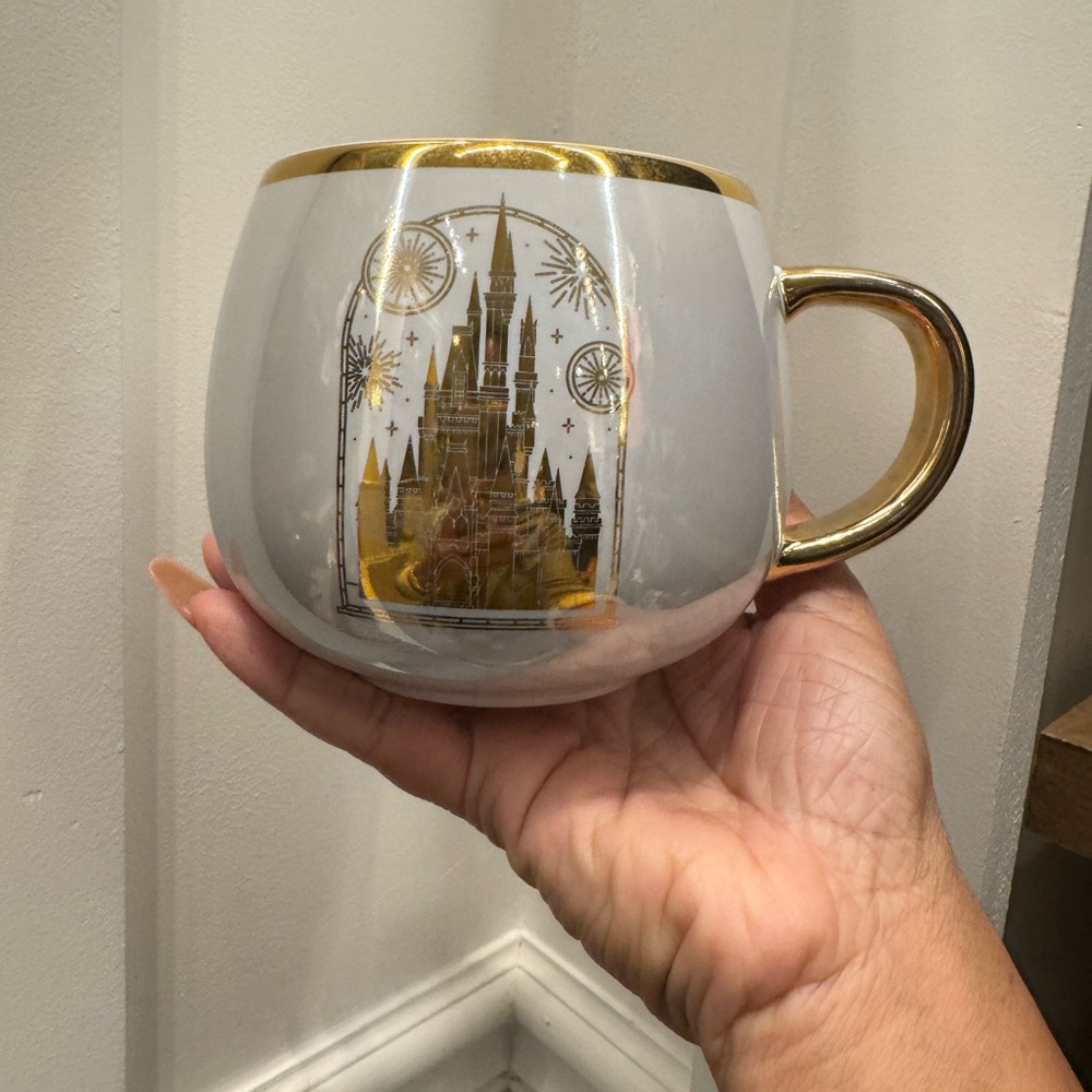 2025 Disney Parks Magic Kingdom Castle Mug Fireworks Gold Coffee Cup Pearl White